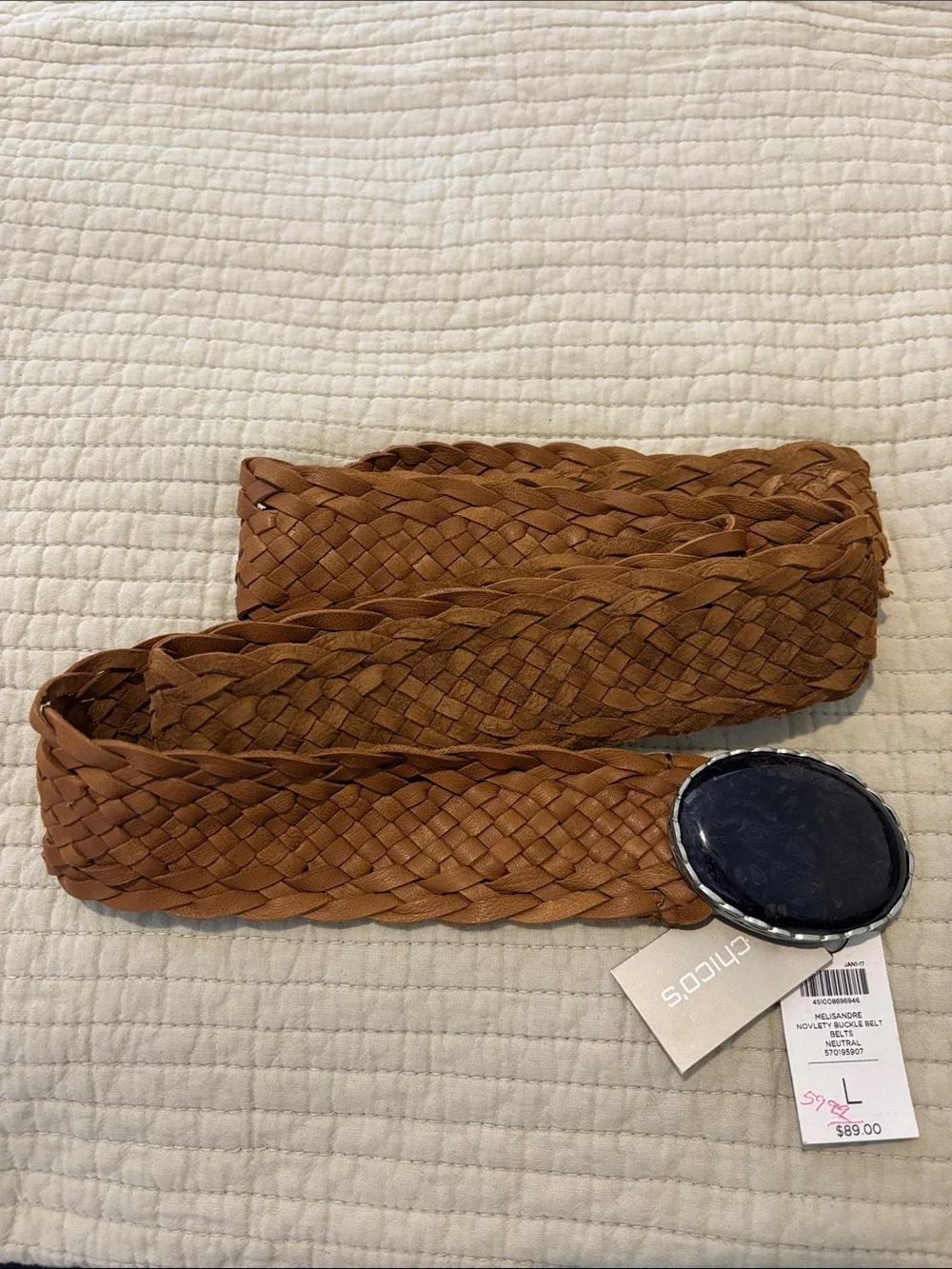 Chico's Braided Leather Obi Belt in Cognac
